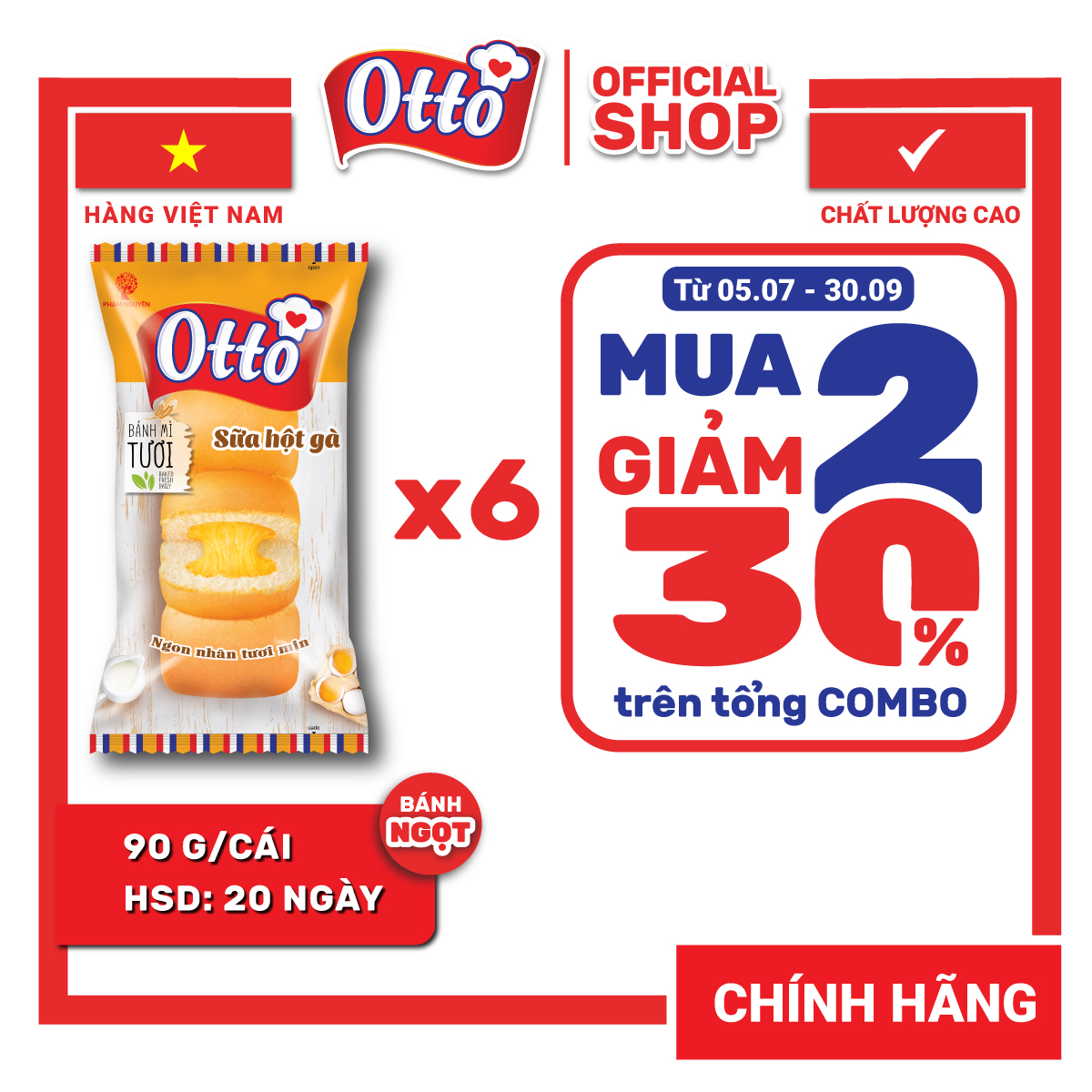 Date siêu mới | combo 6 gói bánh mì otto tươi nhân kem 90g | bánh ăn sáng tiện lợi giàu dinh dưỡng | bánh mì tươi | đồ ăn vặt