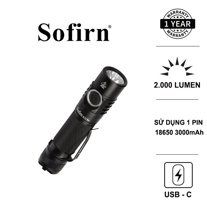 SOFIRN SC31 PRO - Đèn pin EDC nhỏ gọn độ sáng 2000lm LED SST40, pin 18650 3000mAh (kèm theo) Cổng sạc Type-C sử dụng UI ANDURIL