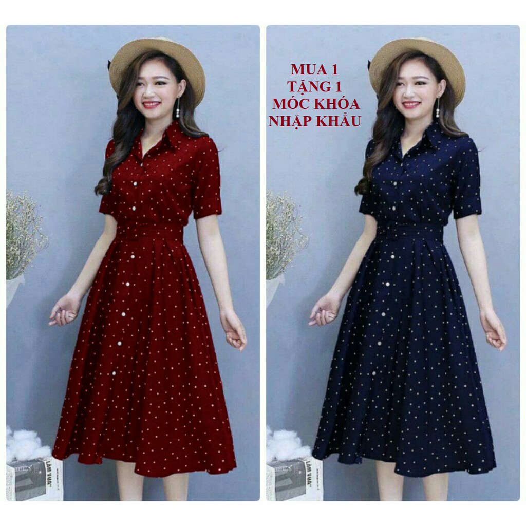 Đầm Công sở Cổ Sơ Mi Chấm Bi Kèm Bell Có Túi