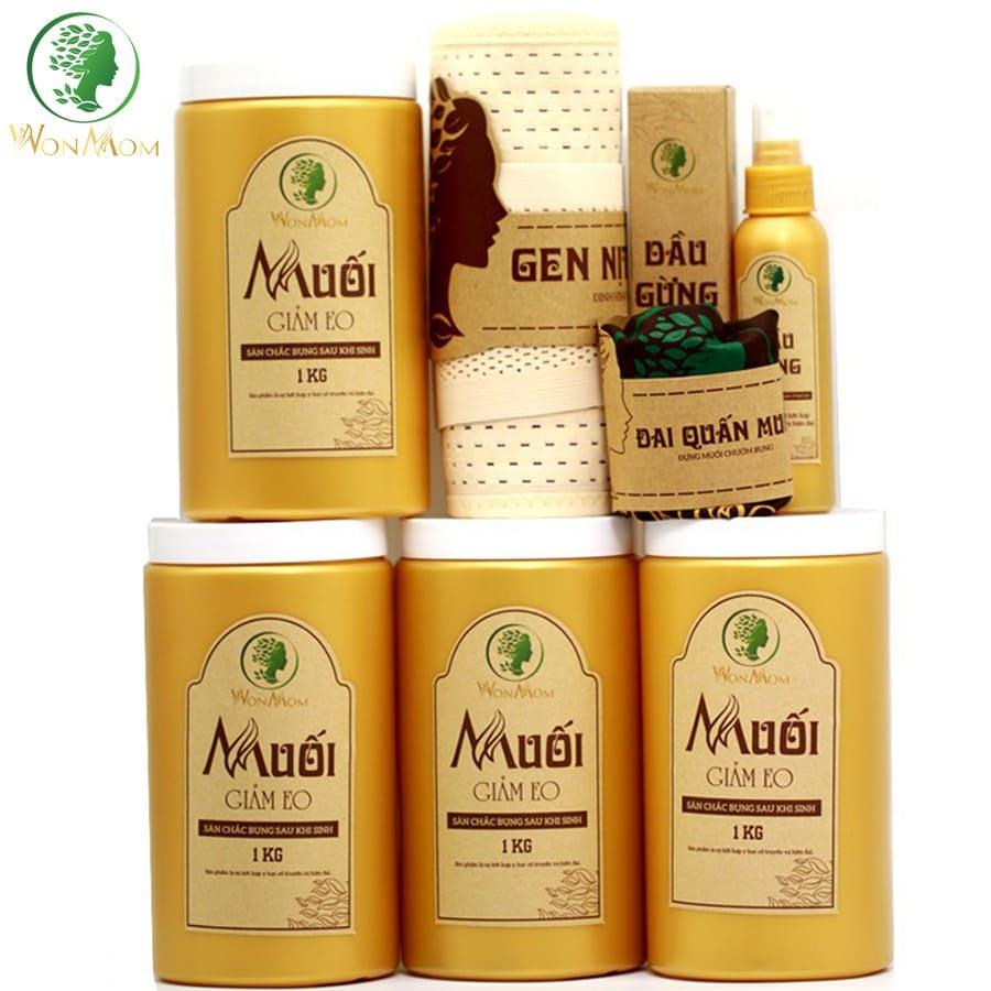 Combo 5kg muối thảo mộc quấn bụng, săn chắc vòng bụng sau sinh + gen nịt bụng giảm mỡ bụng, có đai định hình + đai quấn muối chườm nóng chính hãng wonmom