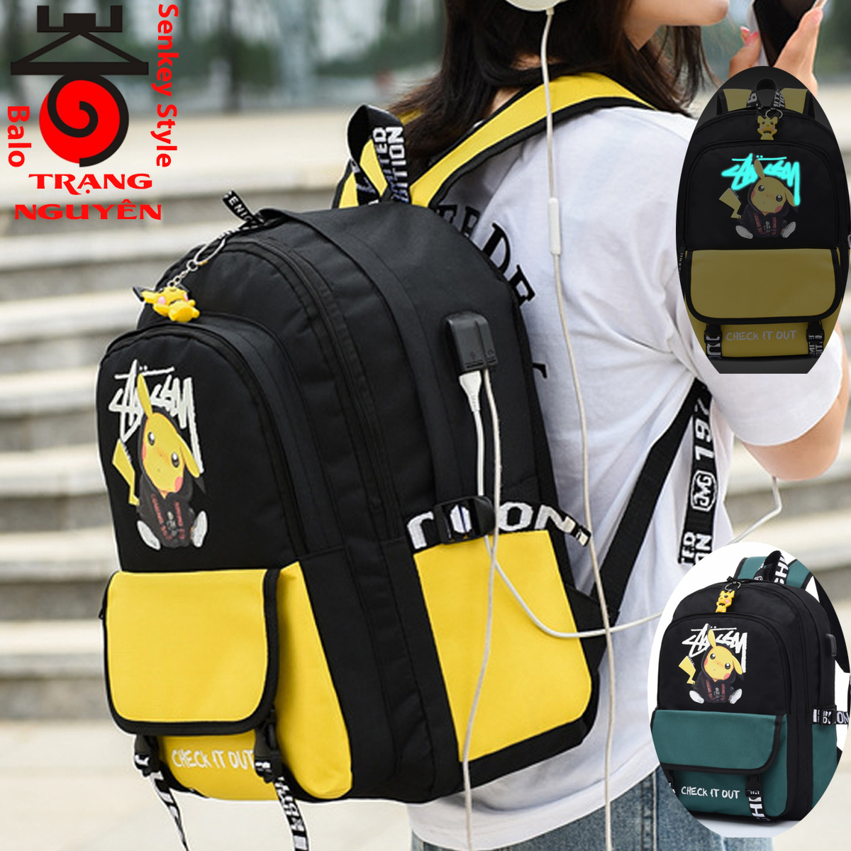 Balo Trạng Nguyên Senkey Style - Balo Nam Nữ Hình Pikachu Ngộ Nghĩnh - Balo Pikachu Đi Học Thời Trang Nam Nữ Dạ Quang Phát Sáng Hót 2022 - Cặp Học Sinh Đi Học - TẶNG ( Móc Khóa PIKACHU, cáp sạc USB, Lỗ Tai Nghe )
