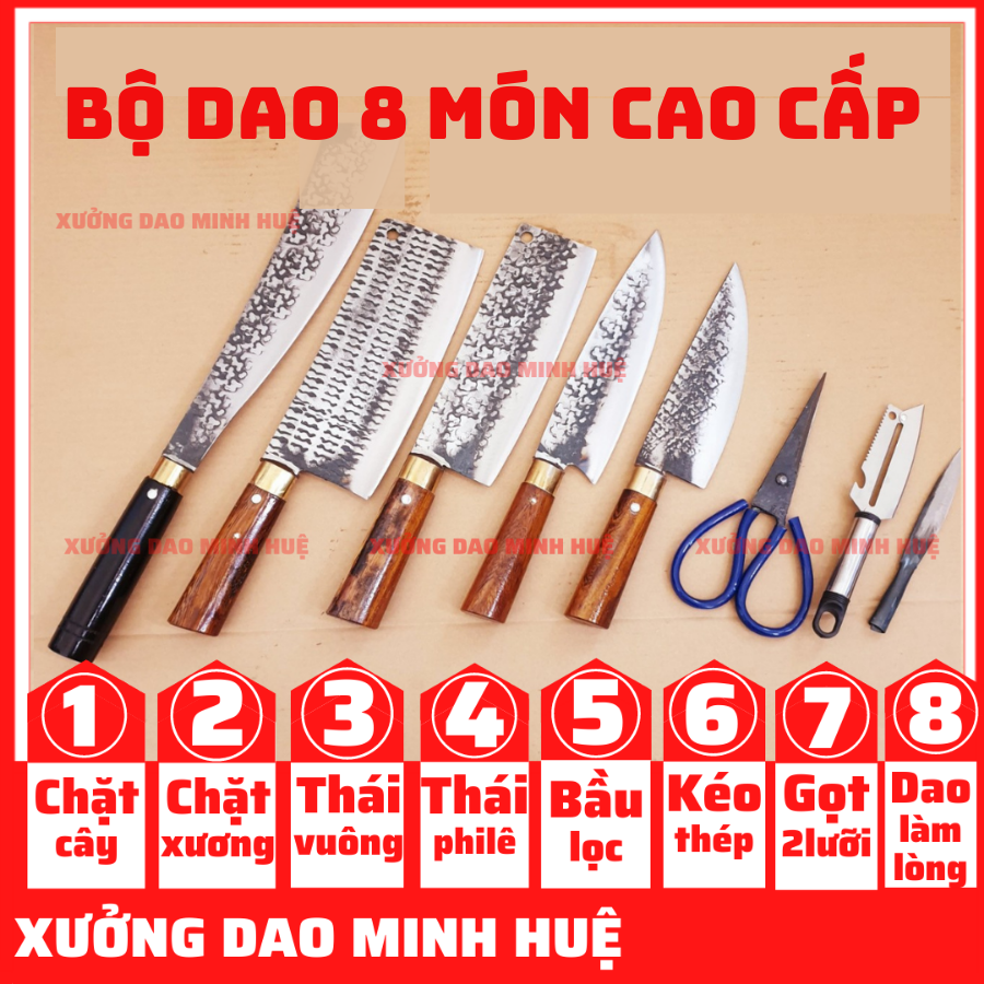 Bộ dao 8 món nhíp xe hàng rèn thủ công cao cấp