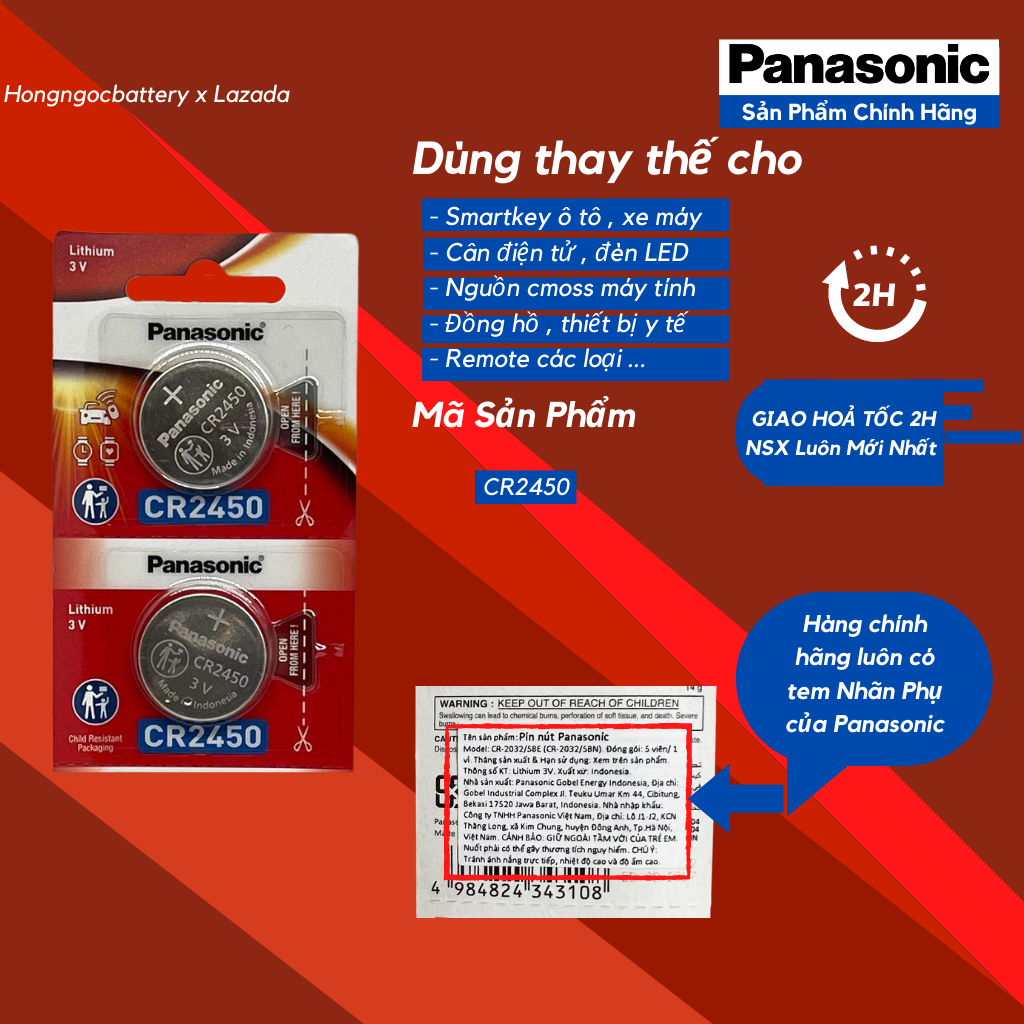 2 Viên Pin CR2450 Panasonic Indonesia 3V Lithium - Hàng chính hãng