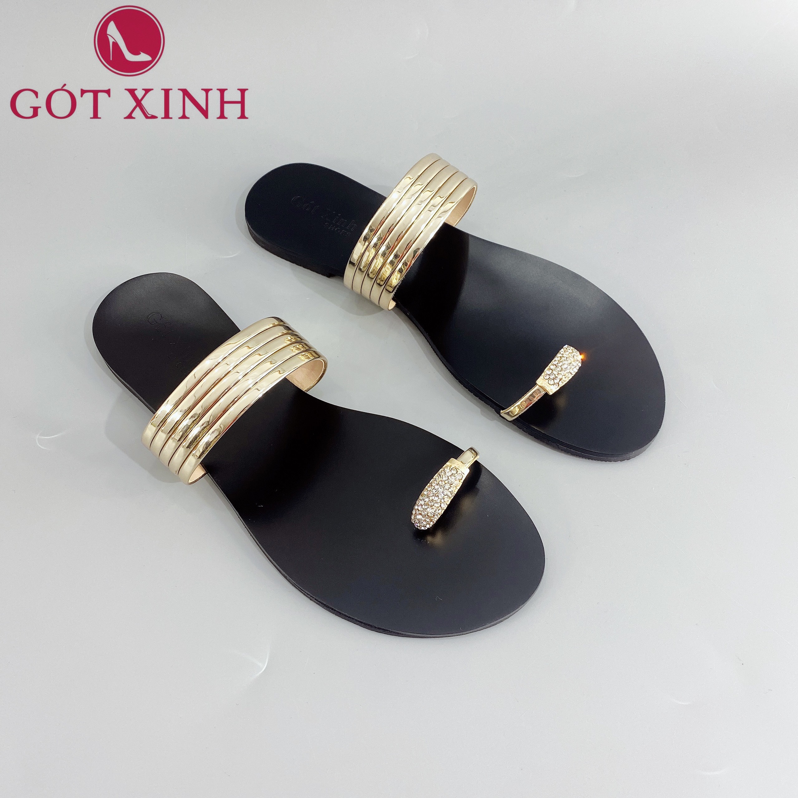 Dép xỏ ngón đính đá gót xinh gx287 quai ngang đế 2 lớp