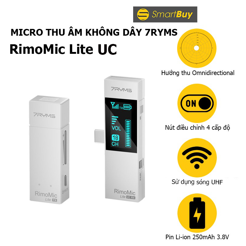 7Ryms RimoMic Lite UC - Micro không dây UHF cho điện thoại androi, máy tính, laptop - Hàng chính hãng