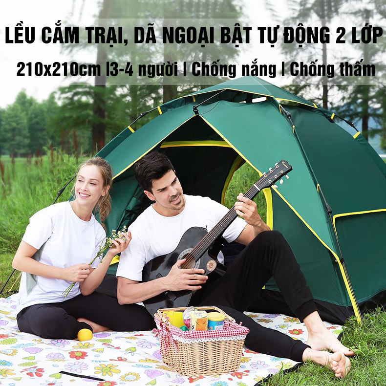 Lều Cắm Trại 2 Lớp Tự Động Siêu Nhẹ, Chống Nước , Kích Thước 2Mx2M, Cho 4-5 Người, Lều Dã Ngoại Tự Bung , Màn Chống Muỗi, Chống Nước, Chống Nắng Cao Cấp