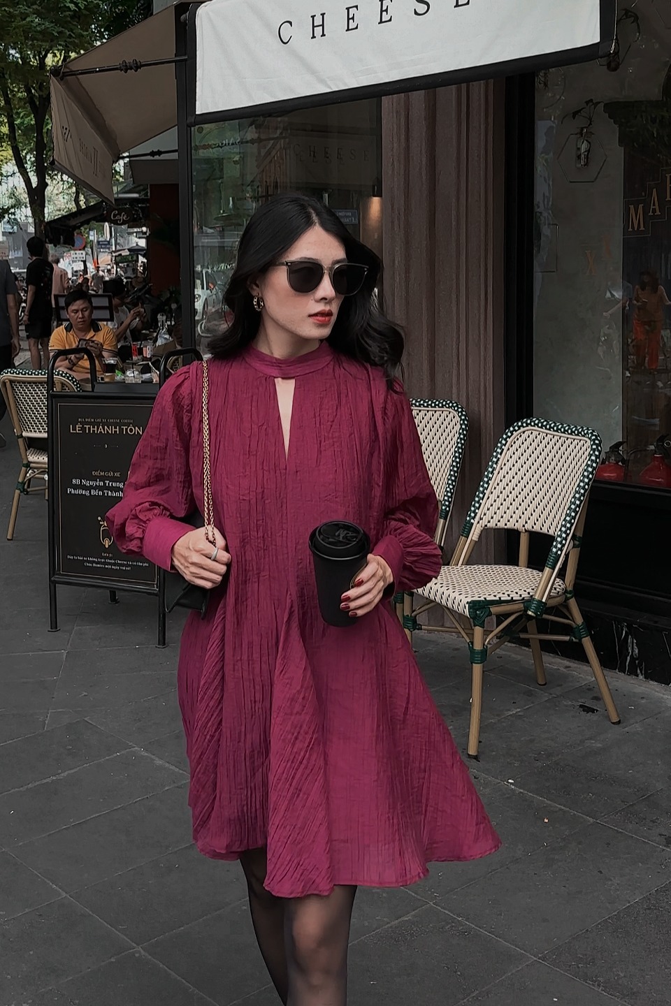 Randomlist - đầm sơmi nữ tay dài cổ v dáng suông form rộng - đỏ rượu