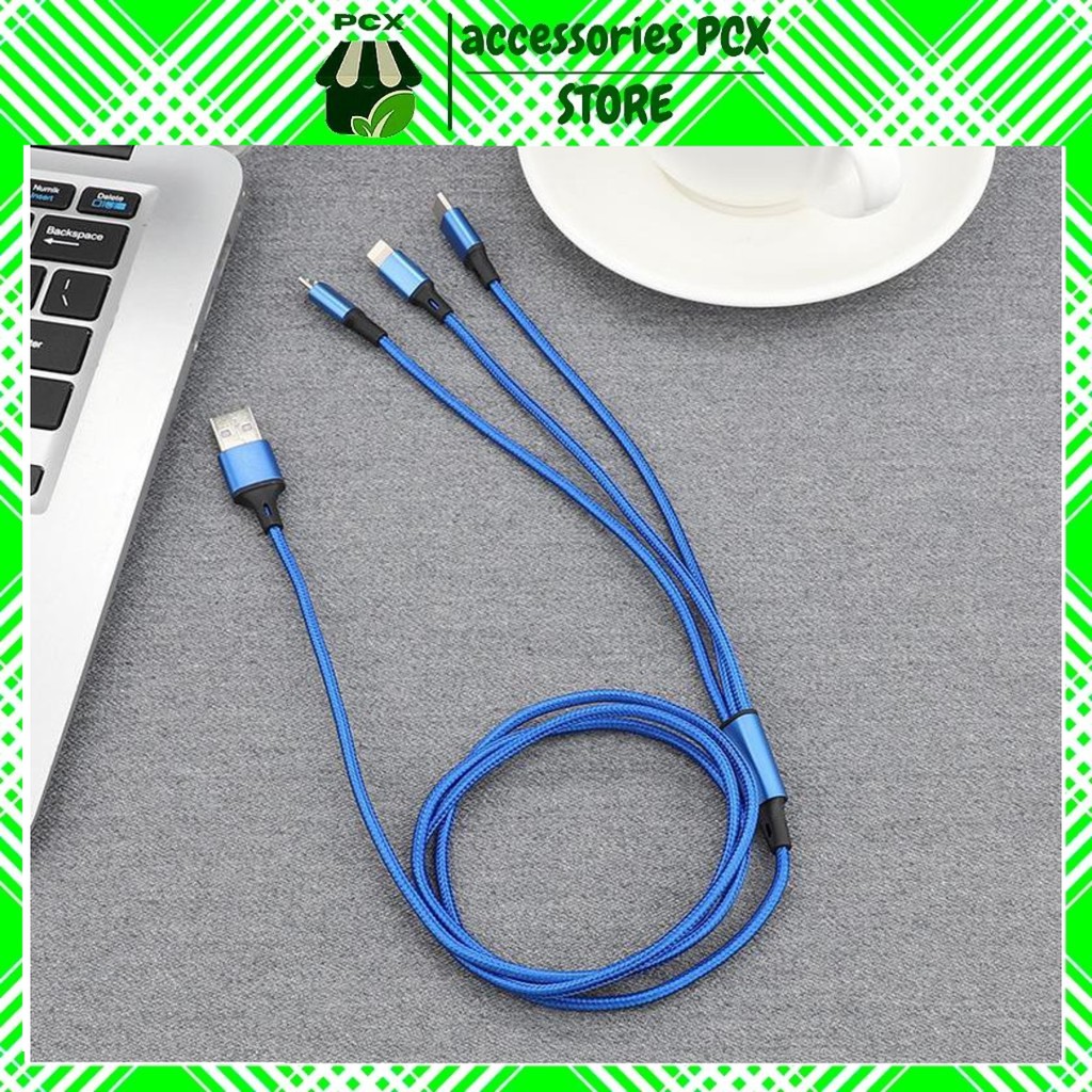 Cáp sạc nhanh 3 đầu 2A bọc dù dài 1m2 - shop gửi màu ngẫu nhiên
