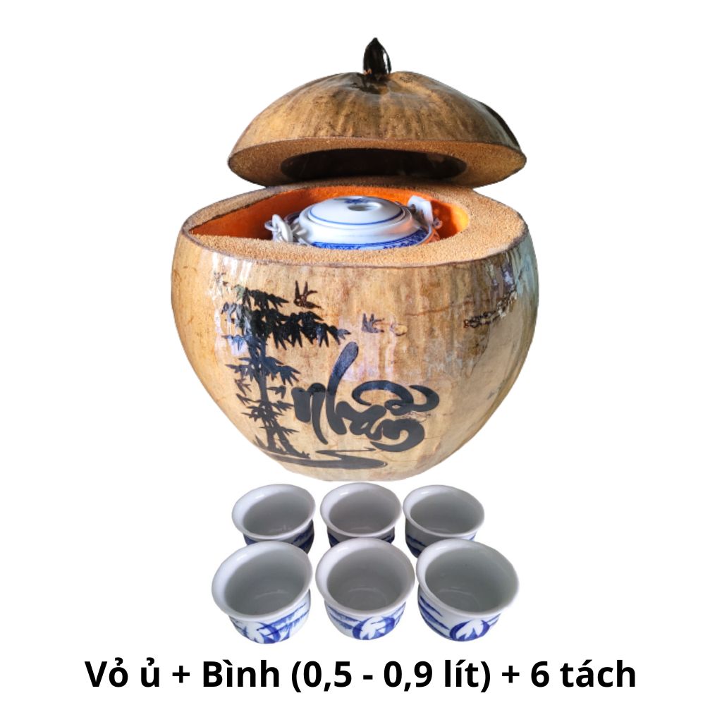 Bình ủ trà trái dừa khắc chữ Nhẫn / Bình trà 0,4 - 0,9 lít / Giữ ấm từ 3 - 6 giờ / Sản phẩm sản xuất thủ công / Xưởng sản xuất tại Bến Tre