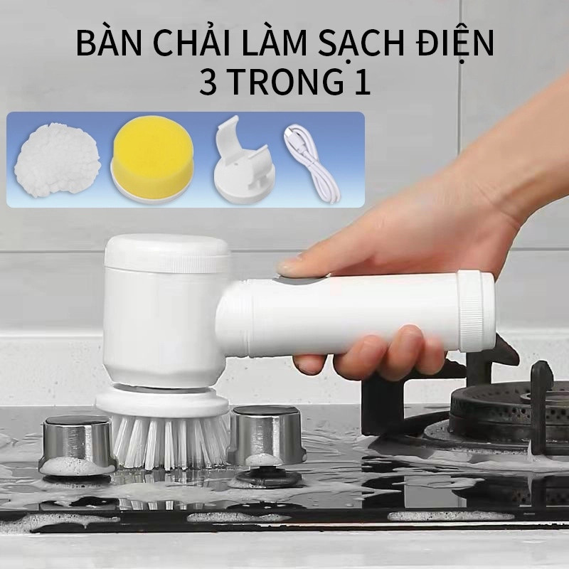 Máy cọ rửa điện đa năng sạc usb, bàn chải vệ sinh bếp, bồn rửa mặt, đánh giày, đánh bóng magic brush với 3 đầu thay thế
