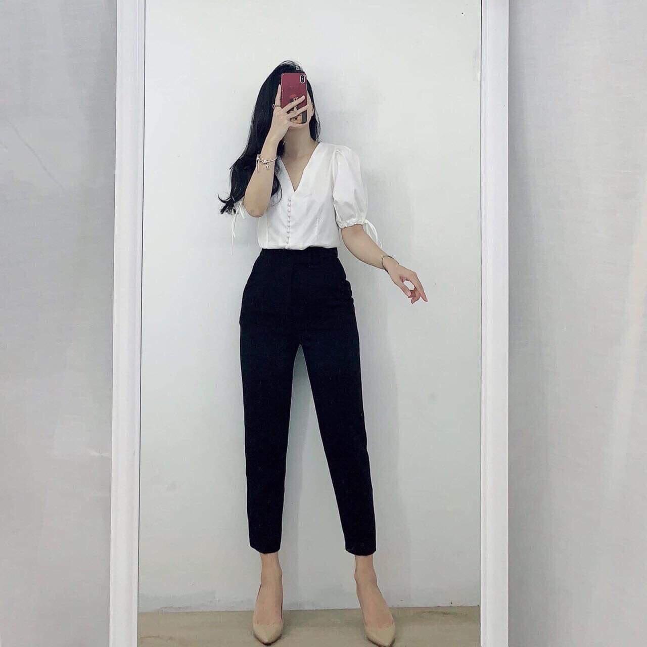 Quần tây nữ lưng thun sau quần dáng baggy dài 9 tấc
