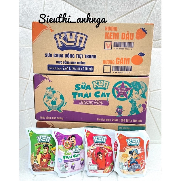 Thùng sữa lif kun túi 110mlx 24 gói hương nho/sôcola/cam/dâu