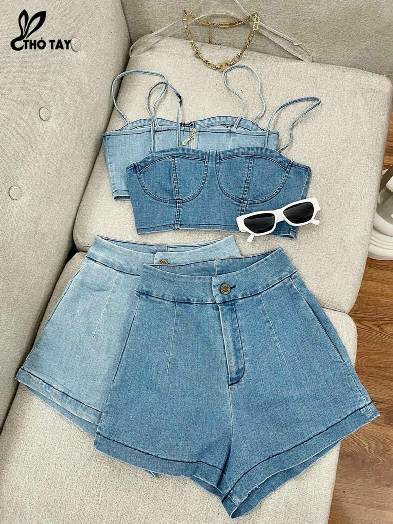 [HCM]sét jean hai dây quần đùi lưng cao bo nhún lưng  m43453