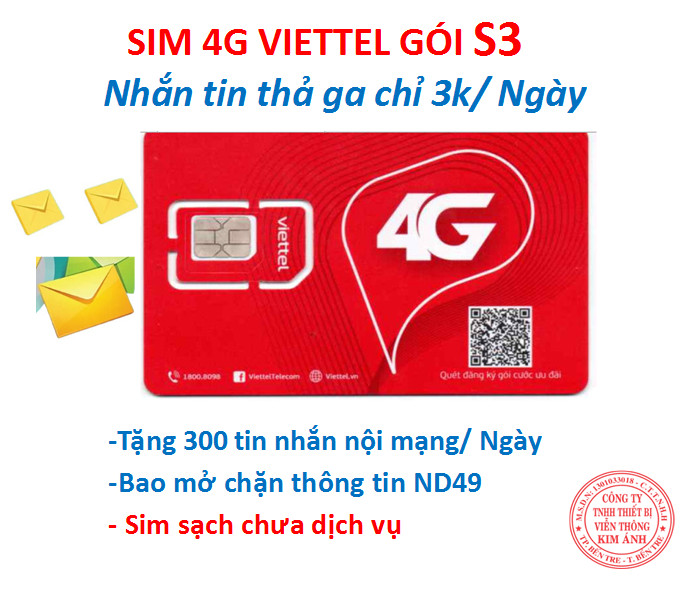 -sim sạch viettel nghe gọi mãi mãi gói s3 ưu đãi 300 sms miễn phí chỉ 3k/1 ngày, miễn phí tin nhắn freeship - chưa kích hoạt