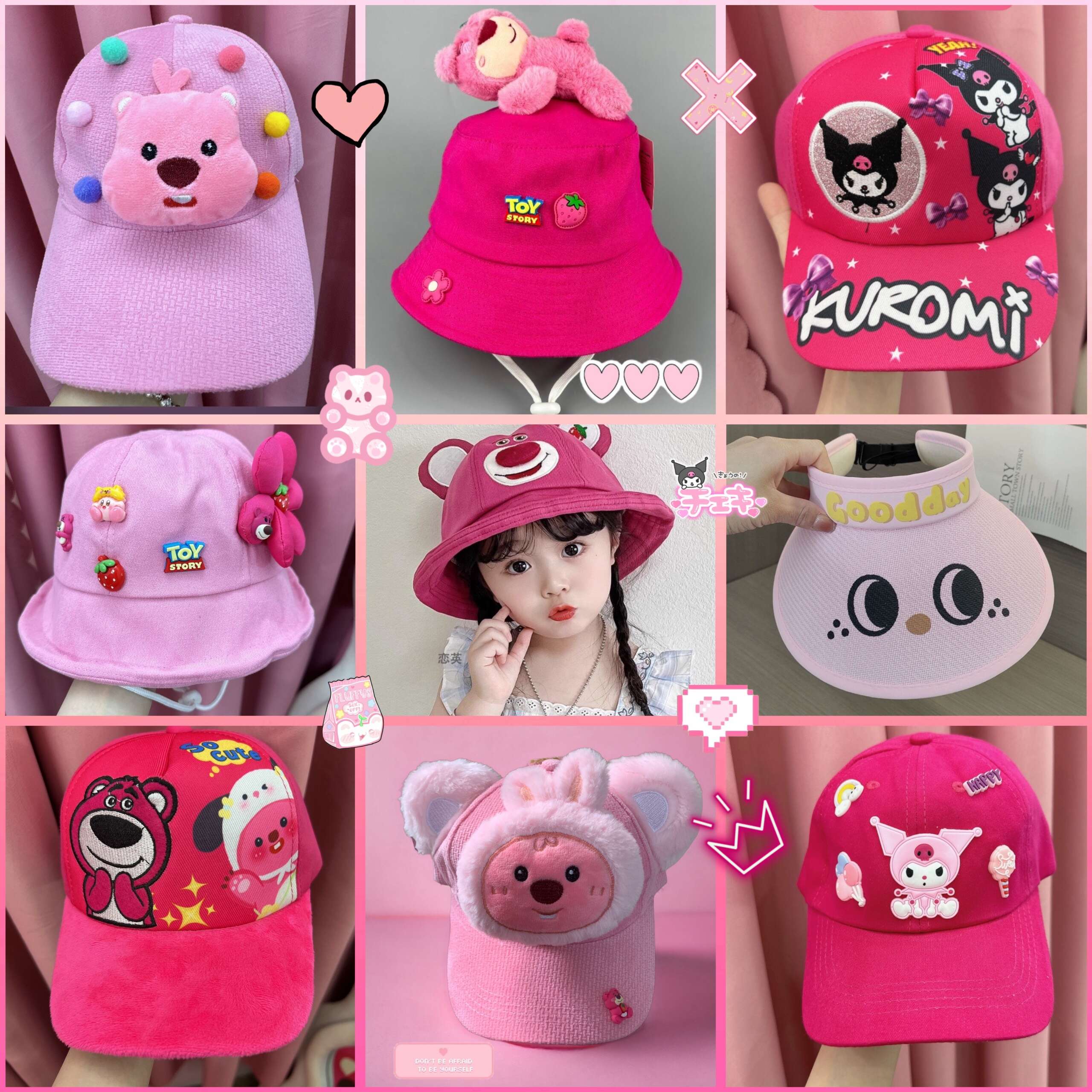 Nón vành/ Nón (xốp/nhung/kaki) tai bèo có dây họa tiết Kuromi, gấu dâu Lotso xinh xắn, dễ thương cho bé gái