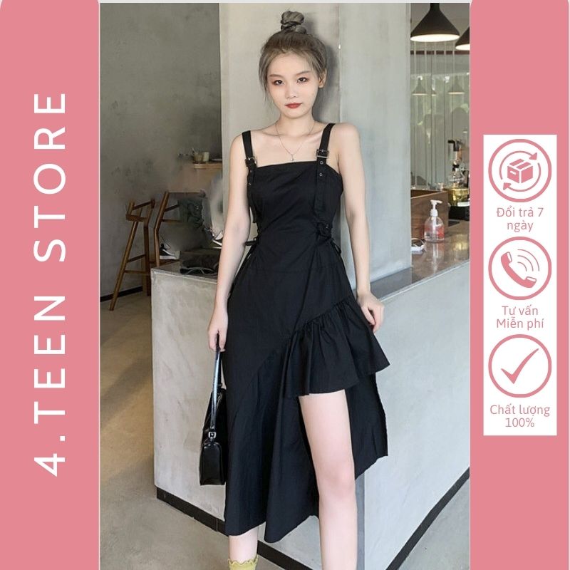 Váy nữ 2 dây đầm nữ đen buộc dây lệch tà váy 2s chất đũi có nút điều chỉnh màu đen freesize 4teenstore vn010