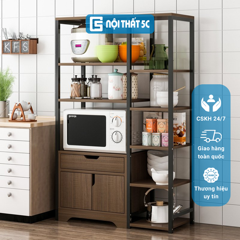 Kệ để lò vi sóng, kệ bếp đa năng 4,5 tầng khung thép không gỉ, mặt gỗ MDF chống trầy xước
