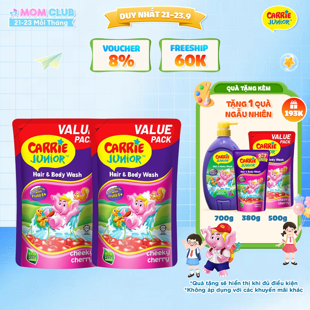 Combo 2 Túi Sữa Tắm Gội Carrie Junior Cho Bé chiết xuất trái cây thiên nhiên Hương Cheeky Cherry 500G