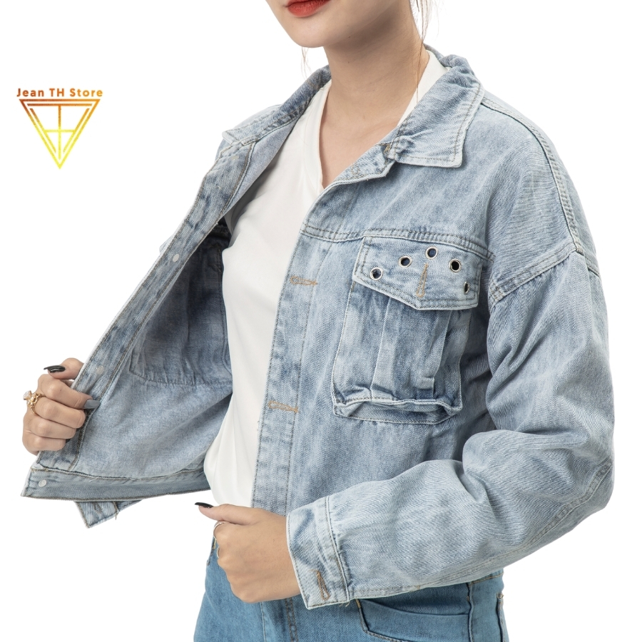 Áo khoác jean nữ TH Store túi hộp đục lỗ, áo khoác bò cá tính phong cách ulzzang chống nắng
