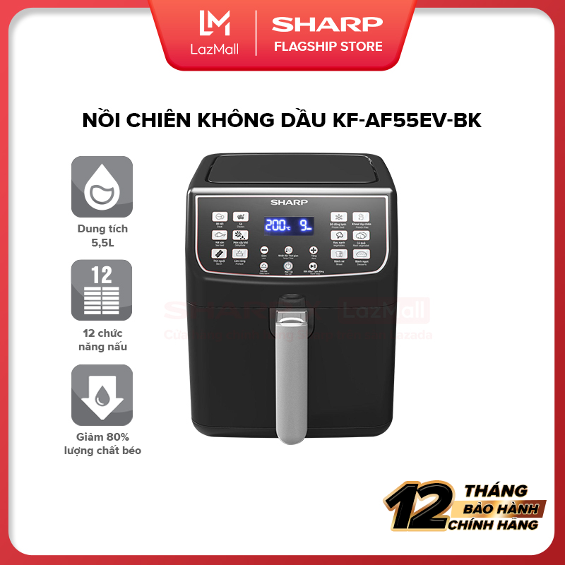 Nồi Chiên Không Dầu Sharp KF-AF55EV-BK Chống Dính 5.5L [Màn Hình LED, Công Suất: 1550-1850W, Công Nghệ Làm Nóng: Rapid hot air, 12 Công Thực Đơn Tự Động] Bảo Hành Chính Hãng 12 tháng