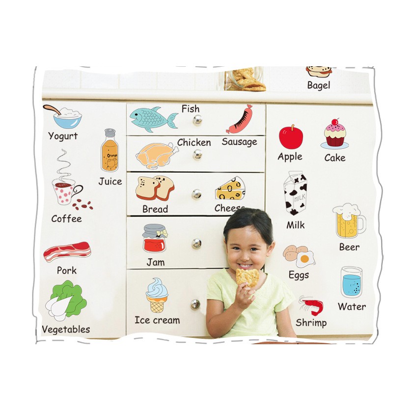 Decal dán tường hình thức ăn có chữ tiếng Anh cho bé