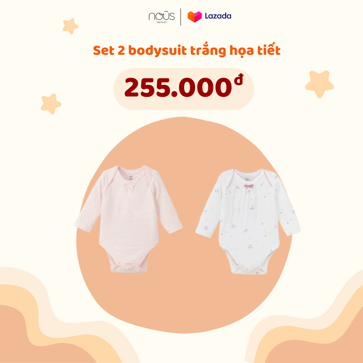 Bodysuit cho bé gái bé trai, bodysuit cho bé sơ sinh họa tiết trắng và mix màu ghi be Nous Outlet