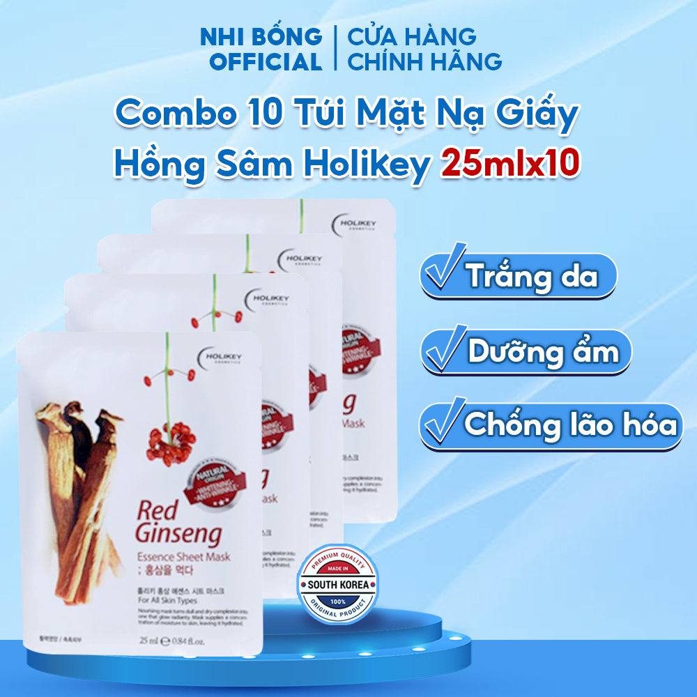 Hộp 10 Túi Mặt Nạ Giấy Nhân Sâm HOLIKEY Hàn Quốc chiết xuất từ hồng sâm dưỡng trắng da dưỡng ẩm & trẻ hóa làn da 25mlx10