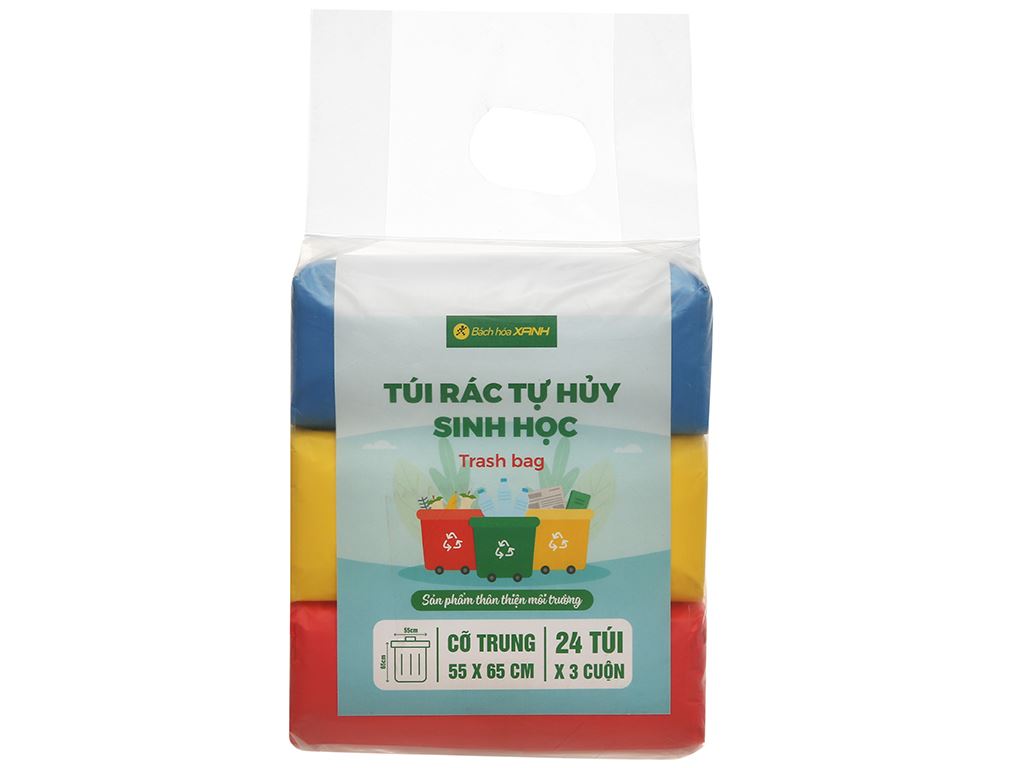 Combo 3 cuộn (1KG)túi đựng rác tự phân hủy sinh học 55x65cm màu ngẫu nhiên