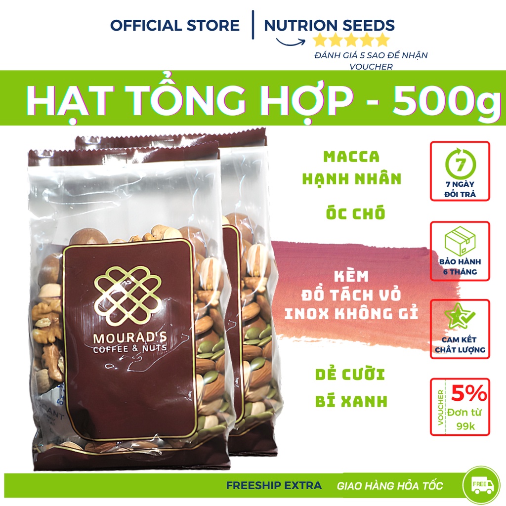 Hỗn hợp 5 loại hạt  (Hạnh nhân, macca, óc chó, hạt dẻ cười, bí xanh) dinh dưỡng mixed nuts Macca óc chó hạnh nhân dẻ cười bí xanh Mourad's siêu ngon siêu giòn