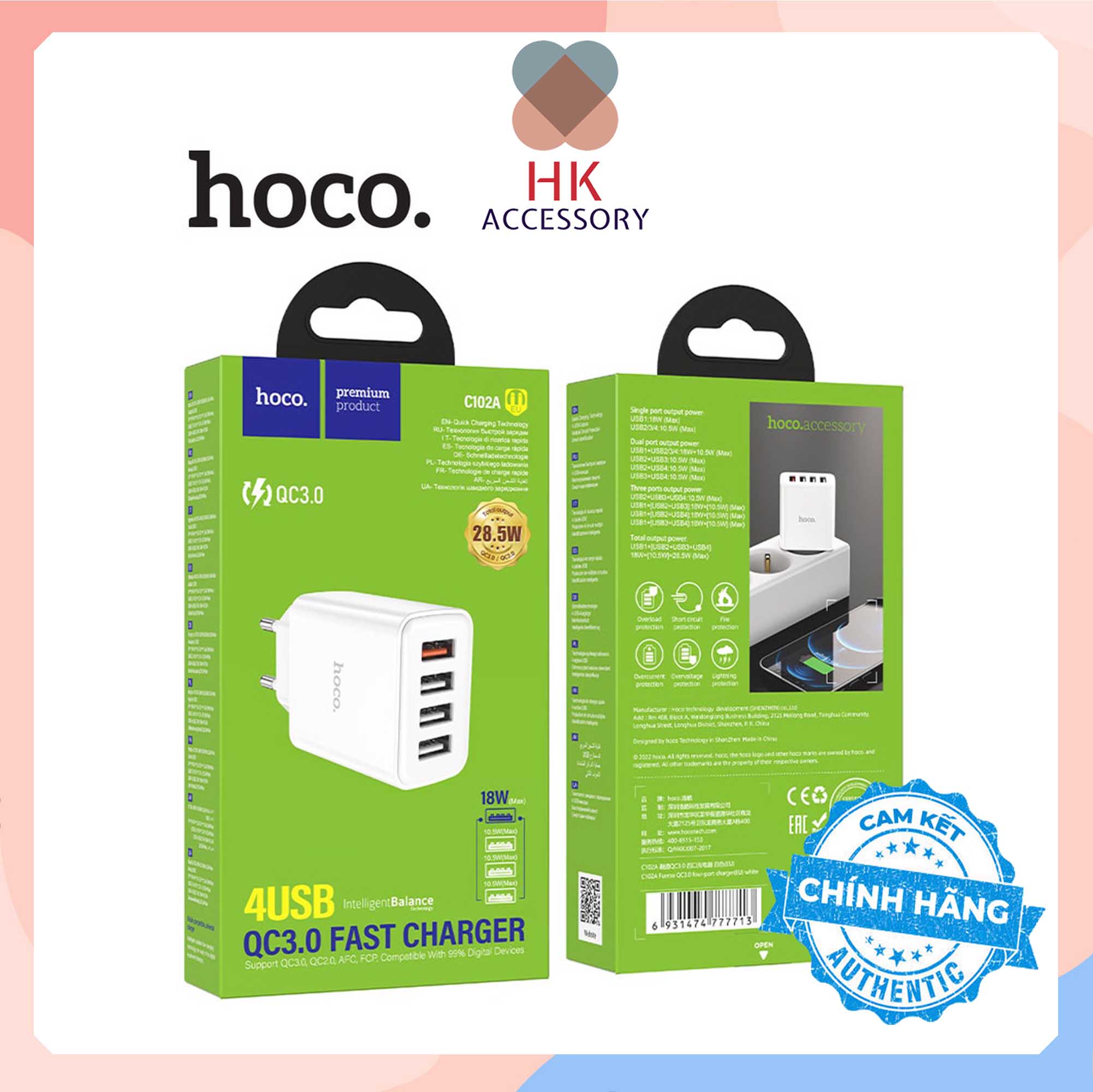 Củ sạc nhanh 4 cổng hoco c102a max 28.5w hàng chính hãng