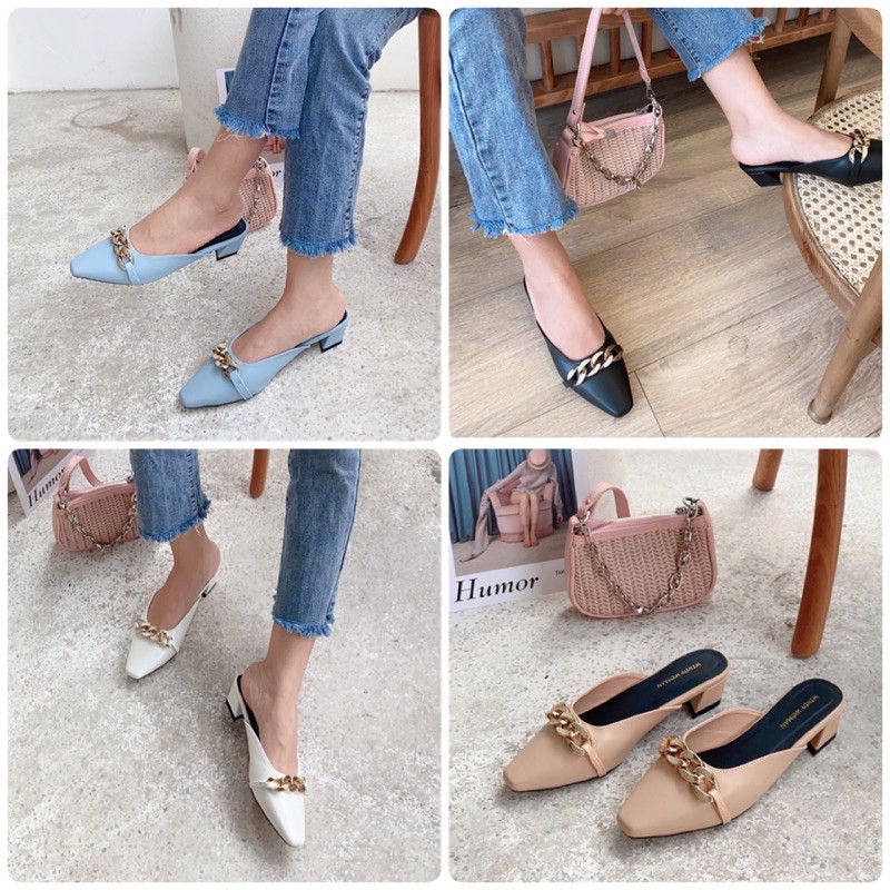 Giày Sục (Mules) mũi vuông khoá mắc xích hot trend cao 3 phân có thêm bigsize_40_41_42 cho nàng ngoại cỡ