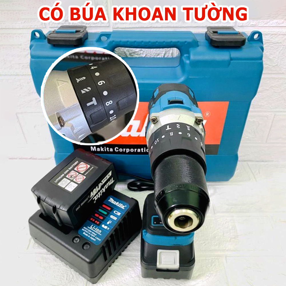 Máy khoan pin Makita 199V - Pin chuẩn 10 Cell - 3 chức năng - Có búa - Lõi Đồng - KHÔNG CHỔI THAN - Máy bắt vít , khoan tường , gỗ , sắt , kim loại - Máy khoan cầm tay