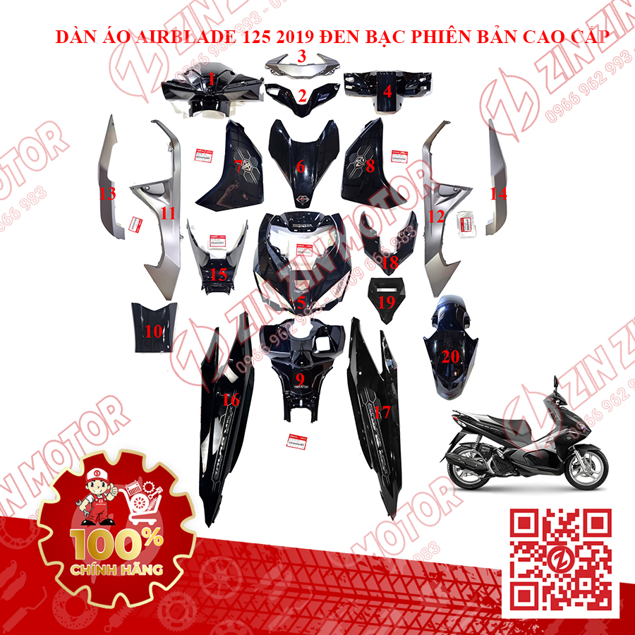 Dàn Áo AB 2016, Dàn Áo Xe Air Blade 125 2016 Đen Bạc Phiên Bản Cao Cấp Chính Hãng Honda - ZZM