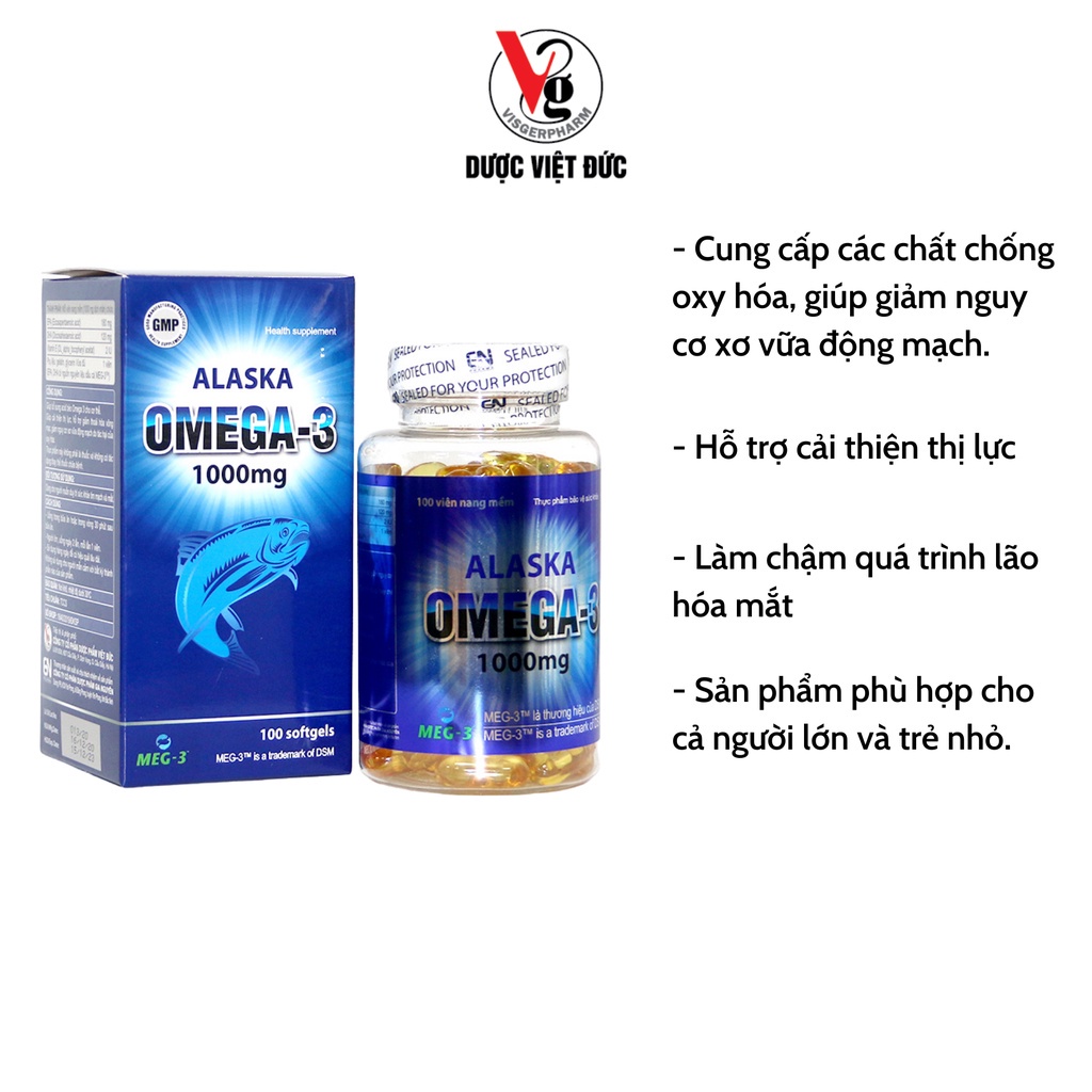 Dầu cá omega 3 dạng viên Alaska tăng cường thị lực cho người lớn và trẻ nhỏ lọ 100 viên