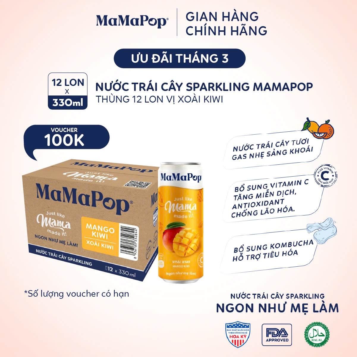  Thùng 12 lon nước trái cây sparkling Mamapop vị Xoài Kiwi 330ml 