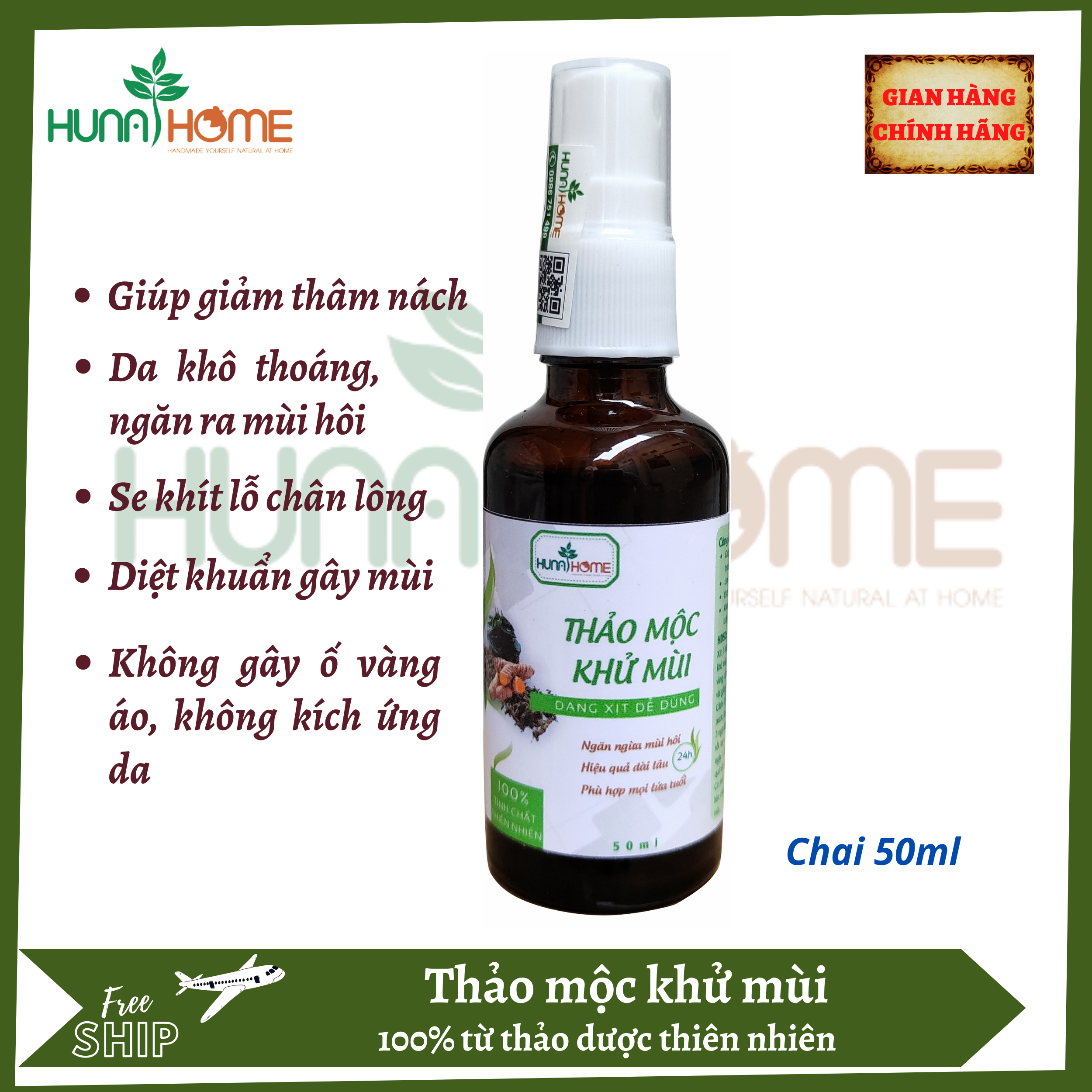 Xịt khử mùi thảo mộc Huna's home-Khử mùi hôi chân, hôi nách hiệu quả bằng tinh dầu thảo dược thiên nhiên