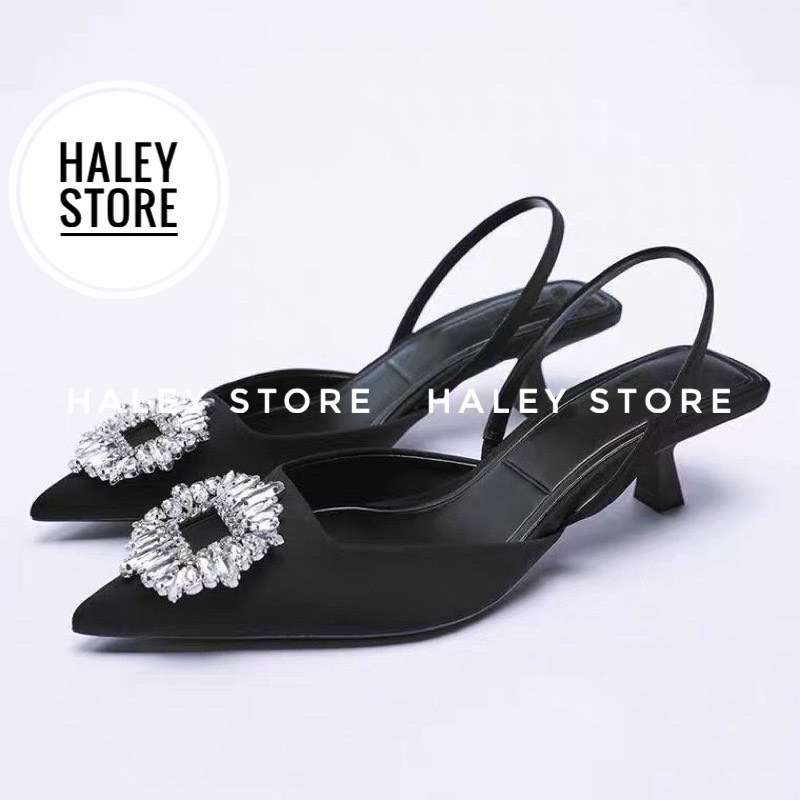 Giày sandal mũi nhọn HALEY STORE gót 5p đính khoá đá Za/ra sang trọng rẻ bền đẹp tiểu thư tiệc cưới cô dâu