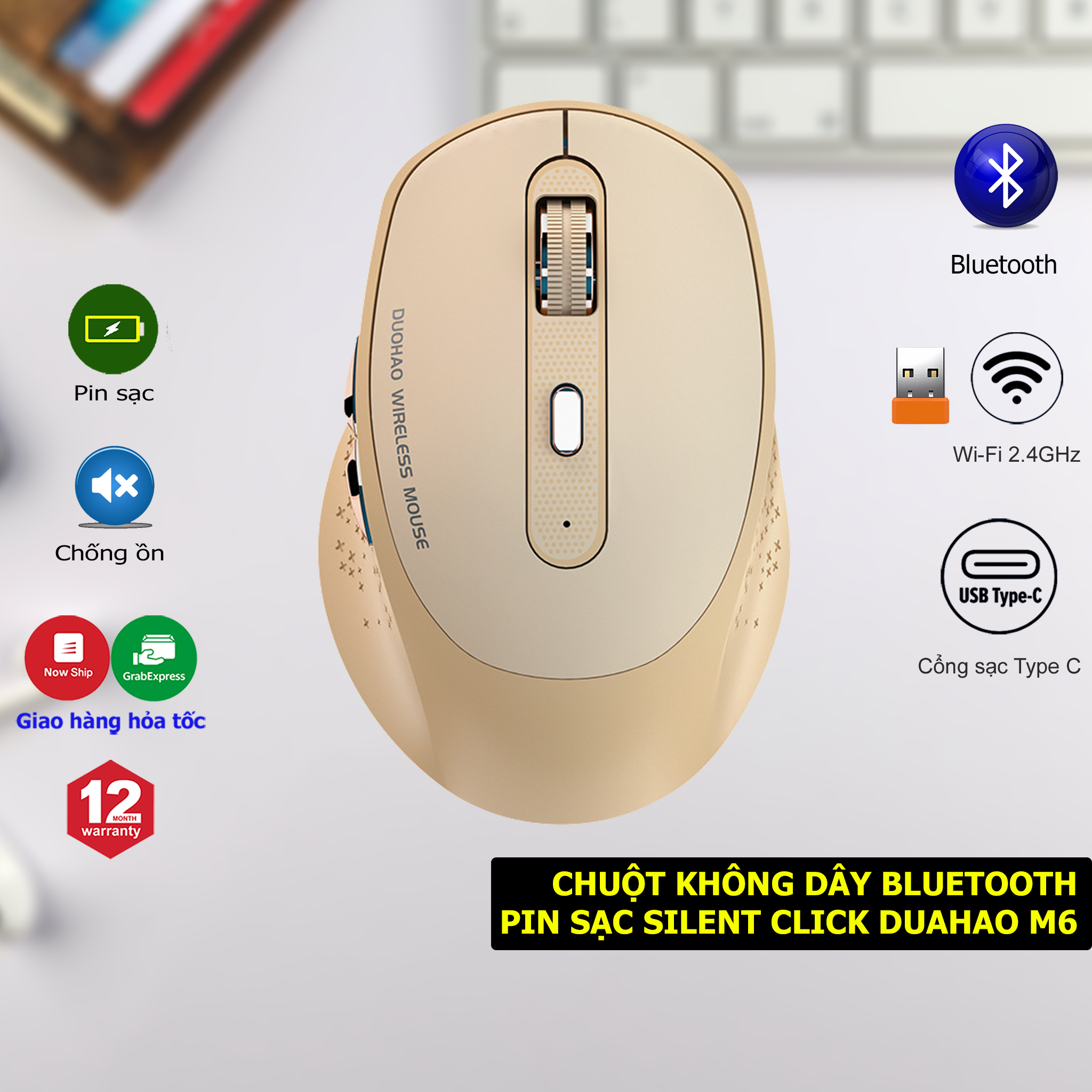 Chuột không dây Bluetooth pin sạc DUOHAO M6 chống ồn - Hàng Chính Hãng