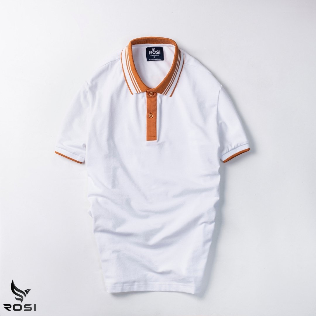 Áo thun nam cao cấp Rosi PL03 cổ polo tay bo ngắn,vải cotton cá sấu phối màu cam trắng,dáng ôm (Slimfit) trẻ trung.