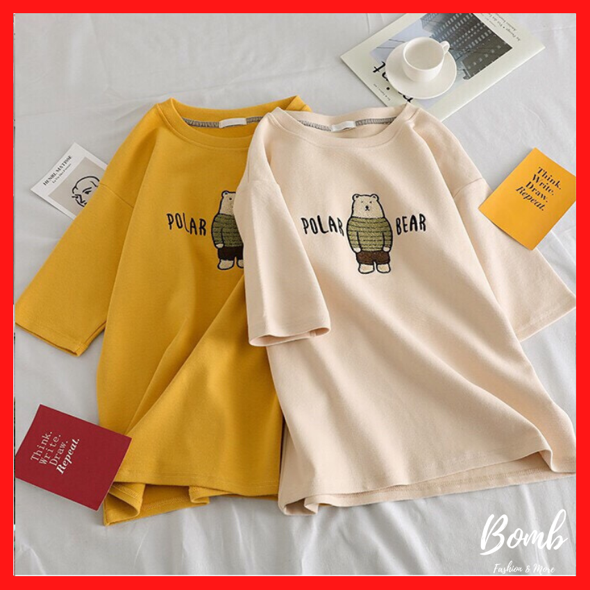 Sale hot! Áo thun nam nữ form rộng tay lỡ (40-70kg) thêu hình gấu polar bear siêu đáng yêu, áo phông dáng rộng siêu hot hit giá rẻ - Bomb Unisex