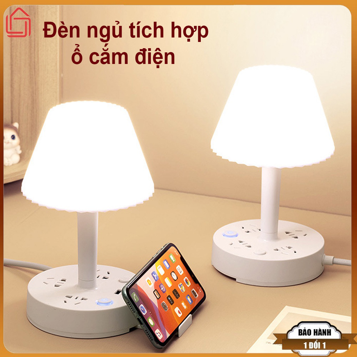 Đèn ngủ decor phòng ngủ kèm ổ cắm điện, 2 ổ USB tiện lợi, ánh sáng 3 màu có nút chỉnh màu và công tắc đèn có đèn Led, Đèn ngủ để bàn điều chỉnh màu ánh sáng trẻ trung, Đèn ngủ hình nấm trang trí phòng ngủ tiết kiệm điện