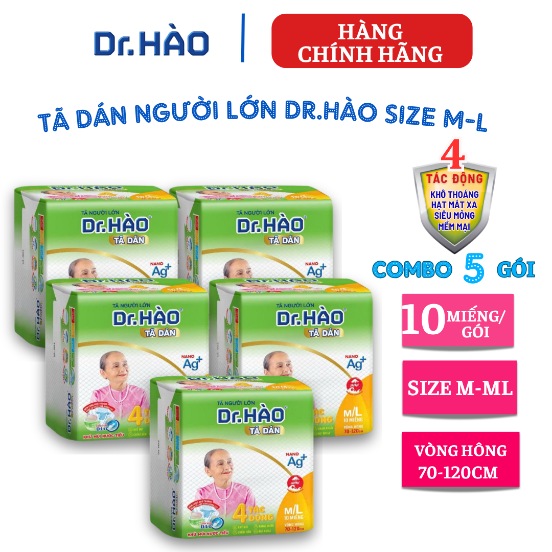 {Hàng chính hãng} Tã Dán Người Lớn DR. HÀO Size M/L 10 Miếng siêu mềm, siêu thấm (Combo 5 gói). Tã dán, tã giấy cho người bệnh.