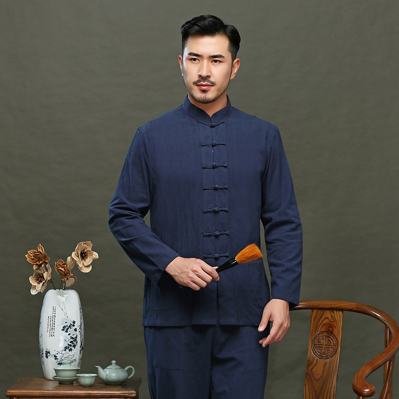 Bộ quần áo nam, Mẫu hàng trung niên - B45 Bộ đũi tay dài trung niên, Rất phù hợp: Chùa chiền, Giao lưu, Dạo phố...Chuẩn chất đũi tự nhiên 100%, dầy dặn, thoáng nhẹ, mềm mát...