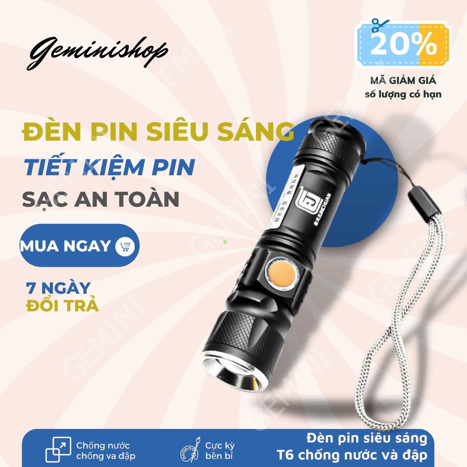 Đèn Pin Mini Siêu Sáng T6 Chống Nước Pin Có Thể Sạc tiện dụng