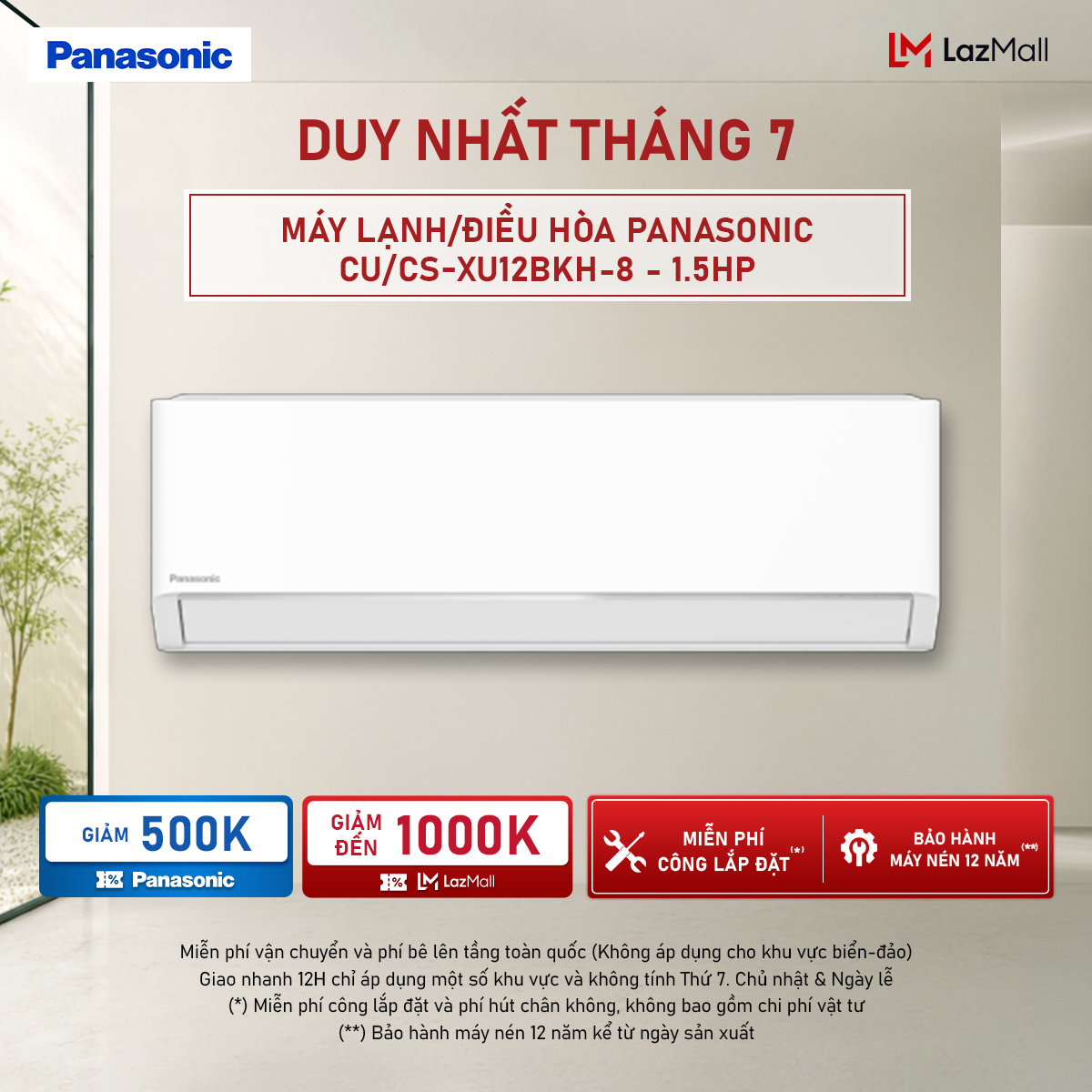 [Trả góp 0%] Máy lạnh/Điều hòa Panasonic Inverter CU/CS-XU12BKH-8 - 1.5HP - Một chiều - Eco AI - Lọc sạch không khí NanoeX - Wifi - Hàng chính hãng