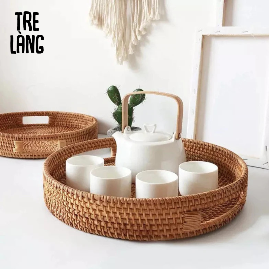 Khay trà mây đựng cốc chén Tre Làng chất liệu mây tre đan có tay cầm - kích thước 30cm/35cm - Đĩa mây đựng hoa quả - rattan tray -