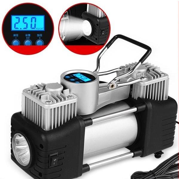 Bơm Ô Tô 2 Xi Lanh, Bơm Lốp Ô Tô Hai XyLanh Có Mặt Đồng Hồ Điện Tử Và Đèn Chiếu Sáng - Bơm 2 Xilanh