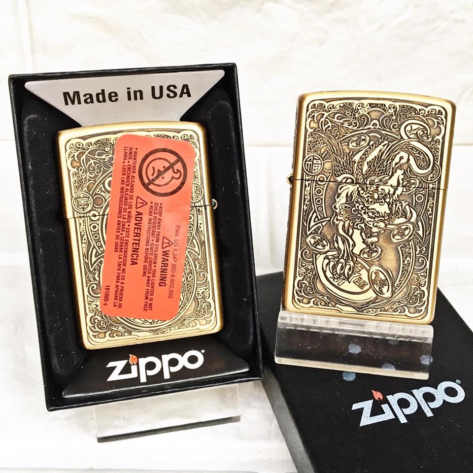 Bật lửa zippo usa mạ đồng khắc 5 mặt hình tỷ hưu giữ tiền ruột vàng đời 17 - nhi hân store