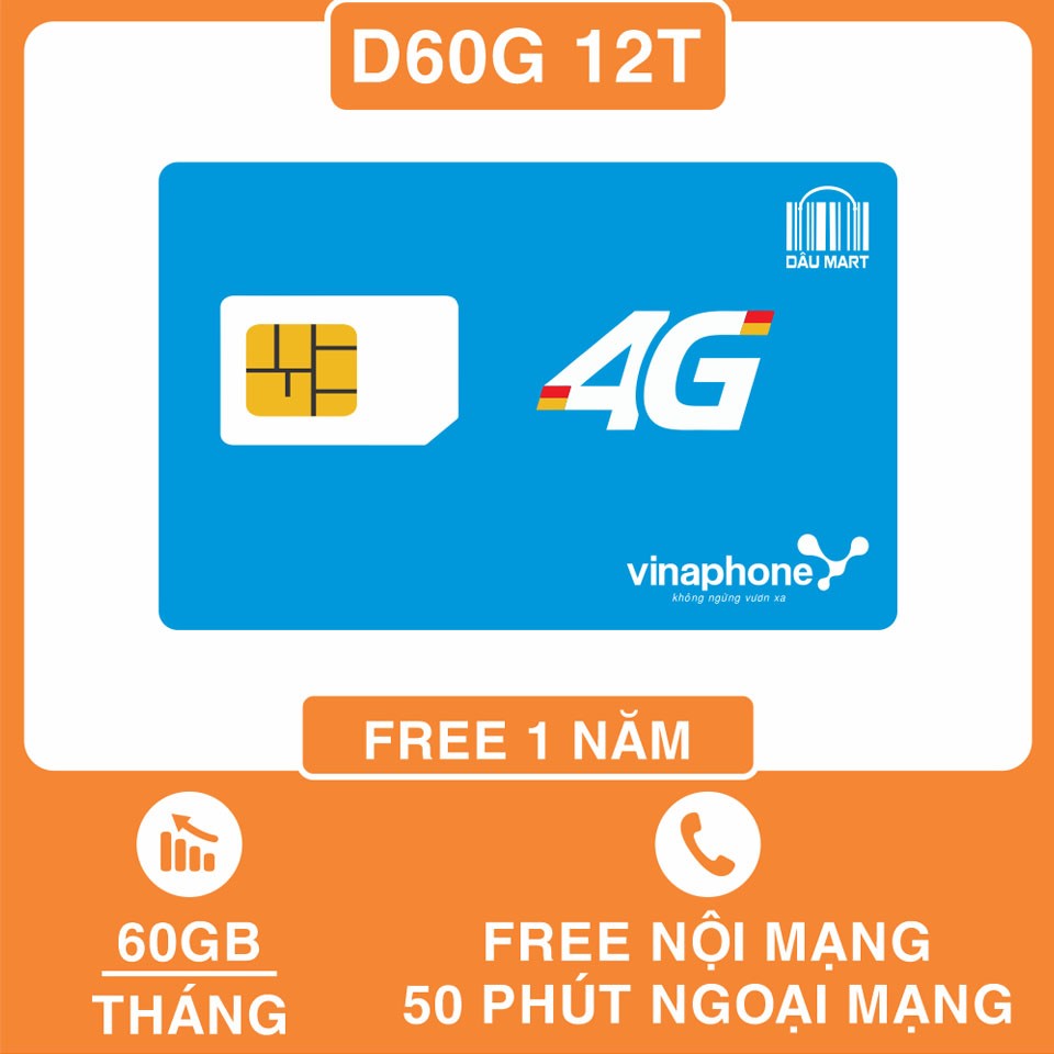 SIM 4G Vinaphone D60G 12T FREE 1 NĂM, Tặng 60GB/Tháng, Miễn Phí Gọi Nội Mạng + 50 Phút Ngoại Mạng/Tháng Sử Dụng Toàn Quốc - DMC Telecom