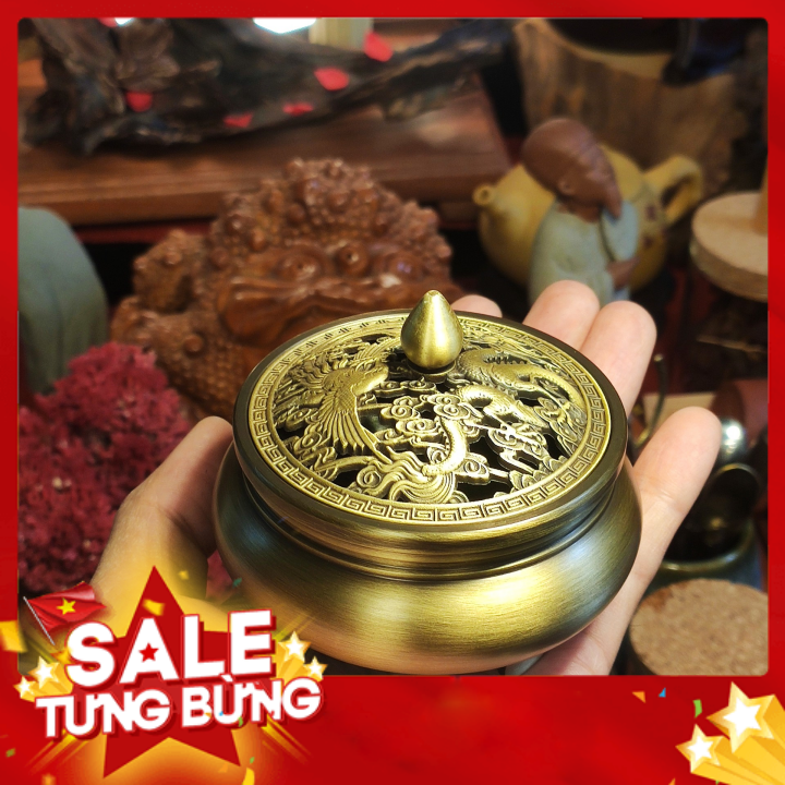 Lư Đồng đốt trầm, xông trầm, đế cao họa tiết Rồng Phượng cao cấp.